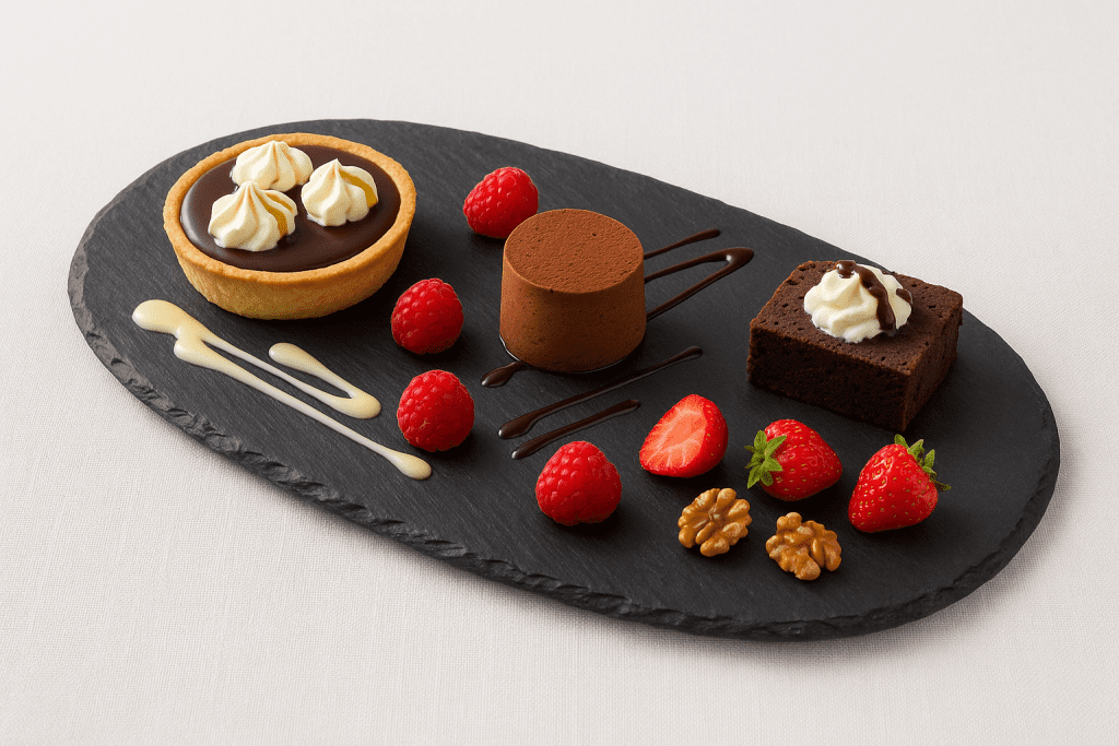 Bandeja ovalada de pizarra natural de 40 × 22 cm con postres variados presentada sobre una mesa con mantel blanco