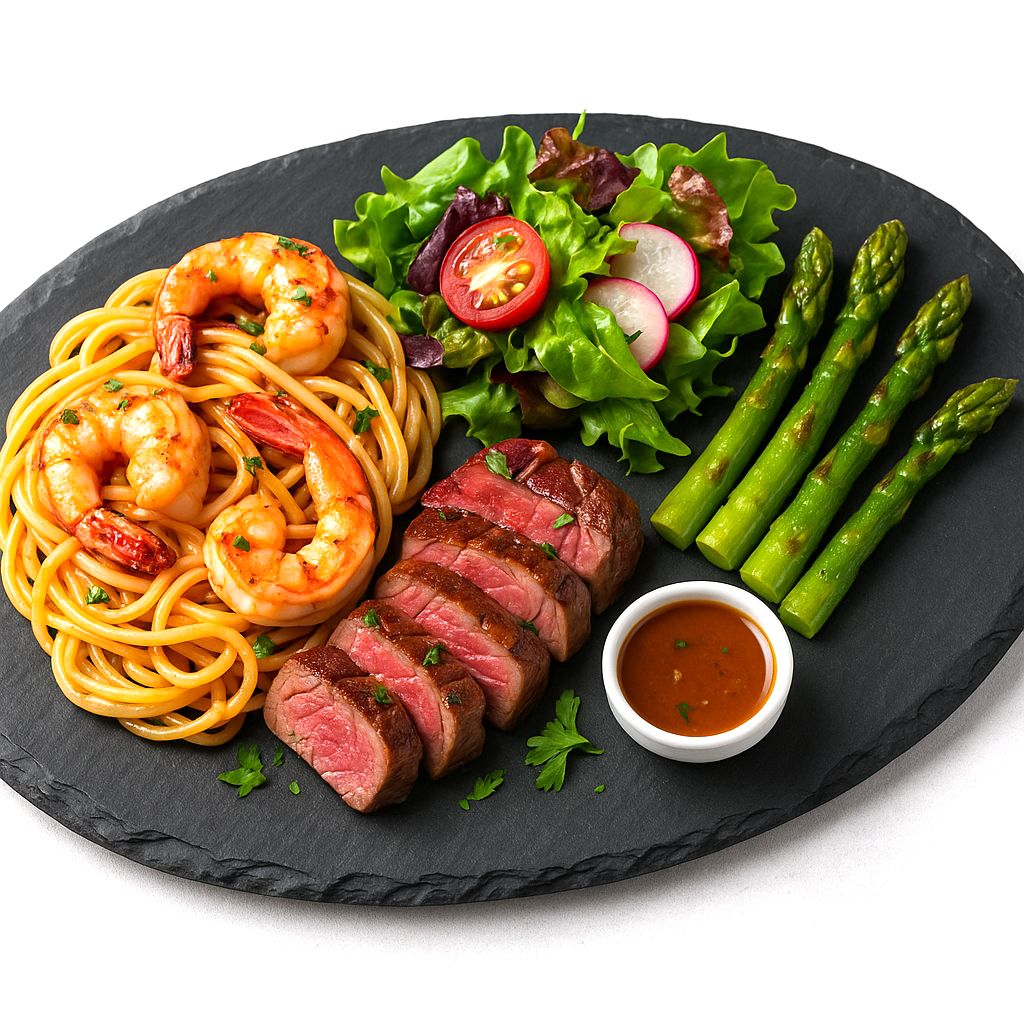 Bandeja de pizarra natural de 35 × 20 cm con espagueti con marisco, ensalada gourmet y tomatitos cherry a la plancha