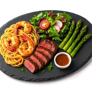 Bandeja de pizarra natural de 35 × 20 cm con espagueti con marisco, ensalada gourmet y tomatitos cherry a la plancha