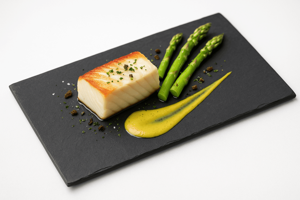 Bandeja de pizarra natural de 35x25 cm, fina con cortes biselados, presentación gourmet de merluza con espárragos y guarnición