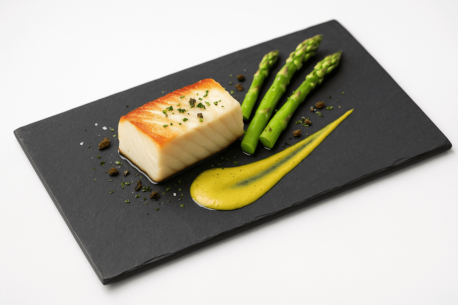 Bandeja de pizarra natural de 35x25 cm, fina con cortes biselados, presentación gourmet de merluza con espárragos y guarnición