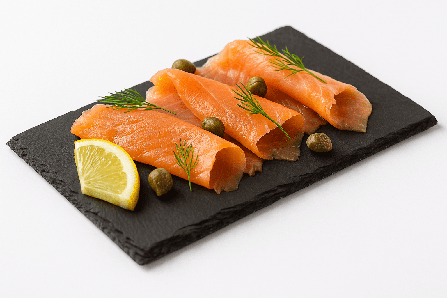 Plato de pizarra natural de 30x16 cm con salmón ahumado, alcaparras y hierbas, ideal para entrantes o emplatados gourmet