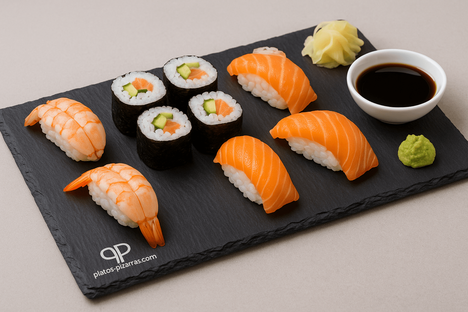 Bandeja de pizarra natural de 35 × 20 cm con presentación de sushi y salsas, ideal para servir en la mesa