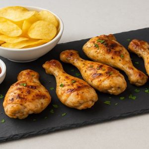 Bandeja de pizarra natural de 40 × 20 cm con muslos de pollo a la plancha y patatas doradas, presentación estilo taberna