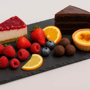 Bandeja de pizarra natural de 40×25 cm con presentación de postres gourmet y frutas frescas