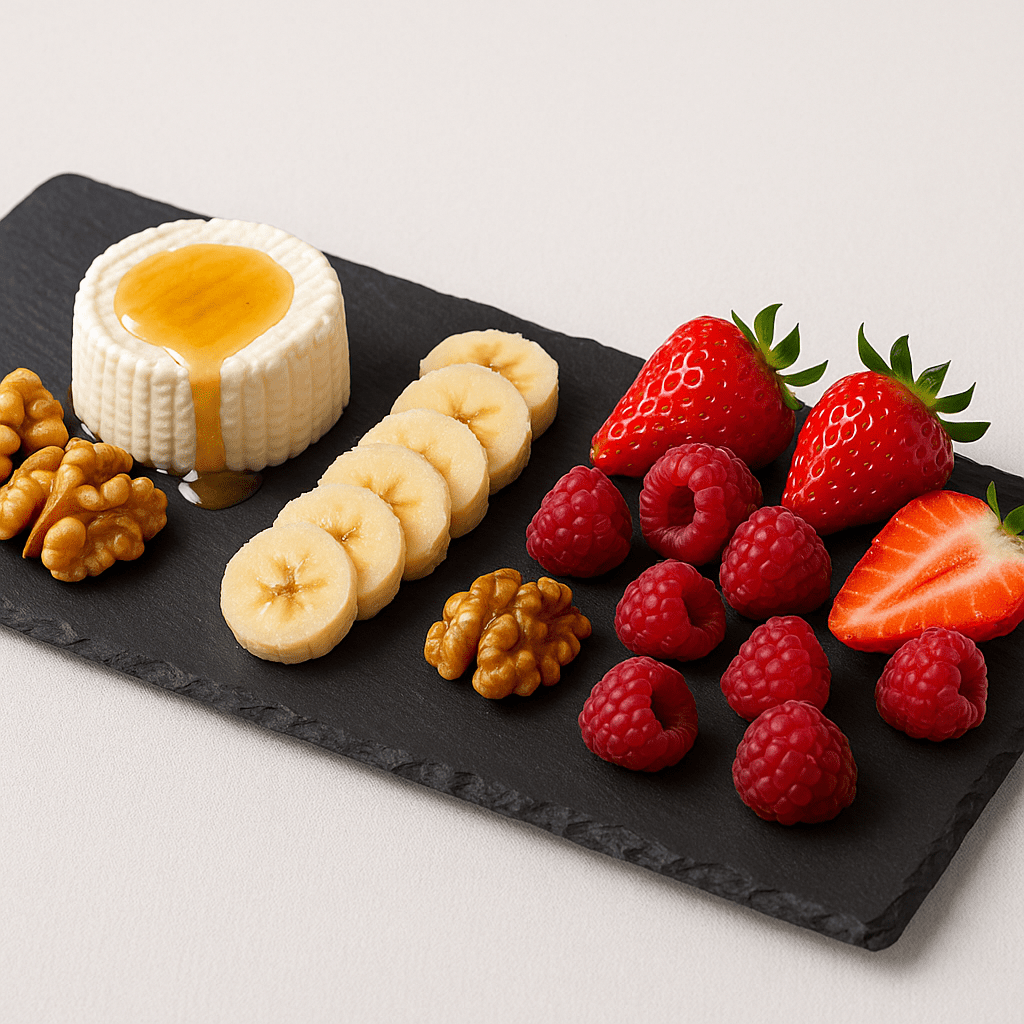 Bandeja de pizarra natural de 45 × 16 cm con queso fresco con miel, plátano en rodajas, nueces, fresas y frambuesas