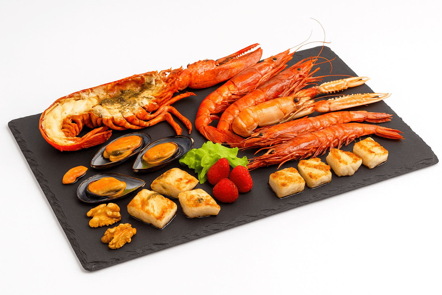 Bandeja de pizarra natural de 50 × 25 cm con mariscos gourmet: bogavante abierto a la plancha, cigalas, gambas, mejillones y rape