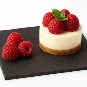 Plato cuadrado de pizarra natural 16x16 cm con cheesecake de frambuesas y frambuesas frescas, ideal para postres gourmet en hostelería