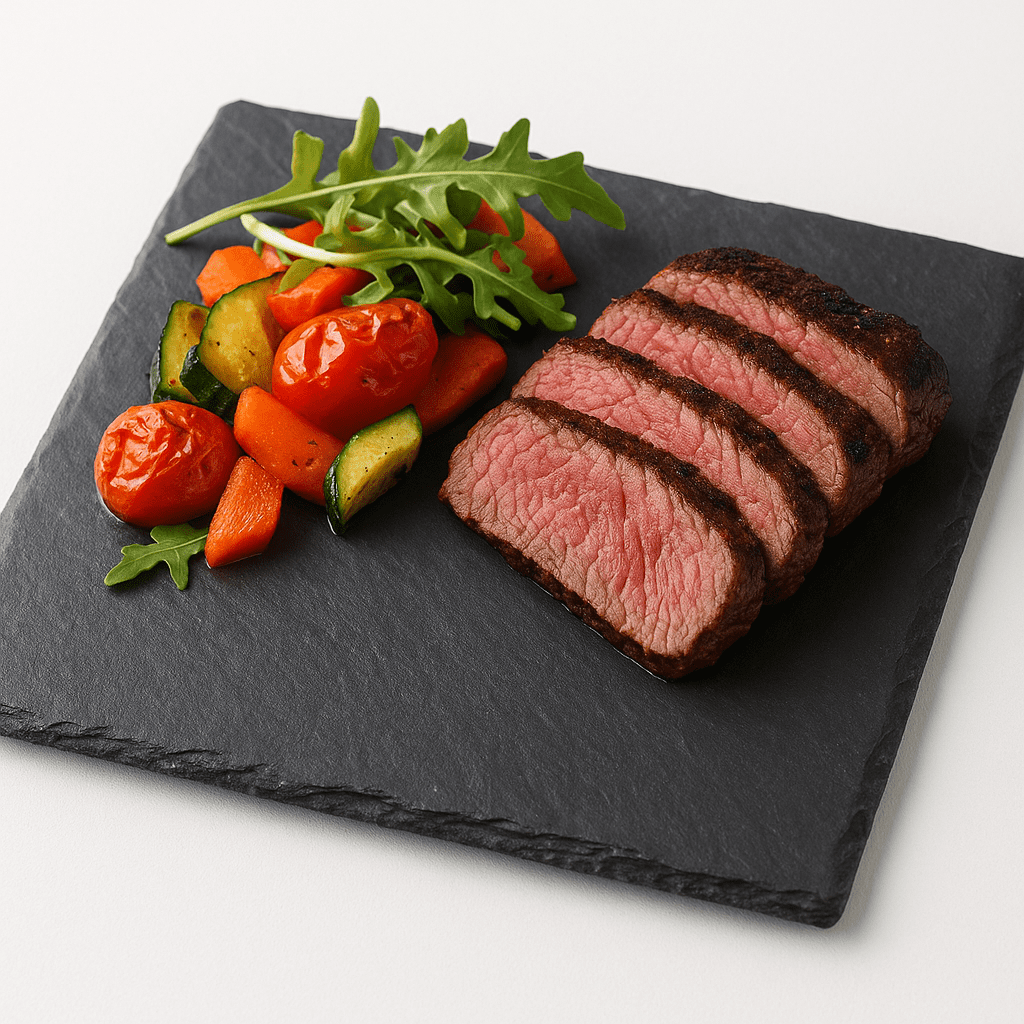 Plato cuadrado de pizarra natural de 20x20 cm con carne asada y verduras, ideal para presentaciones principales en hostelería