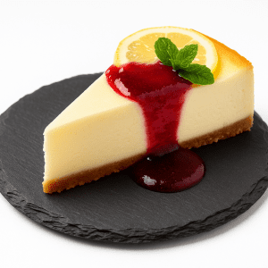 Plato redondo de pizarra natural de 15 cm con un postre presentado de forma elegante y atractiva.