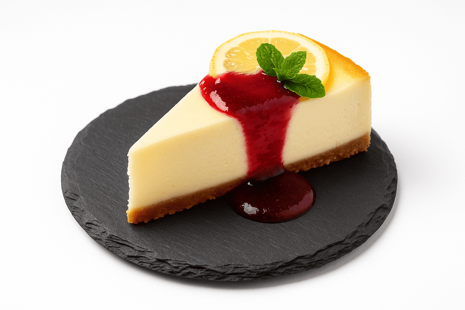 Plato redondo de pizarra natural de 15 cm con un postre presentado de forma elegante y atractiva.