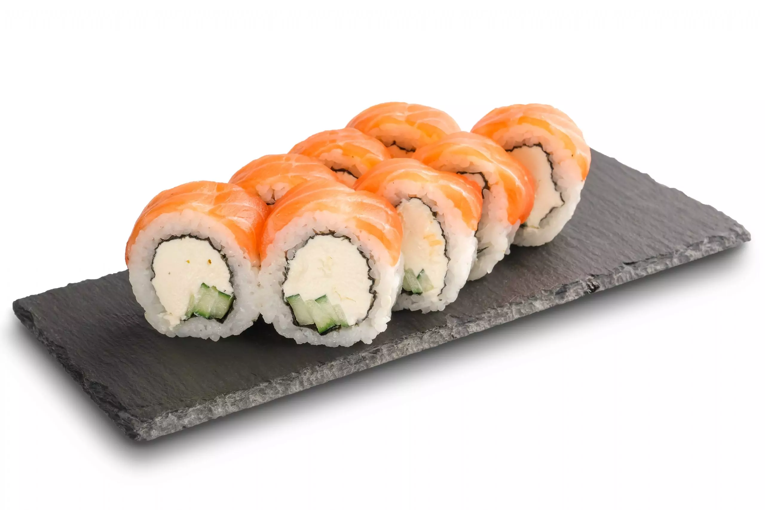 Bandeja de pizarra natural 20x16 cm con sushi, ideal para presentación elegante y moderna