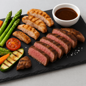 Bandeja de pizarra natural de 50 × 38 cm con presentación gourmet de solomillo, carnes variadas, verduras y un bol de salsa