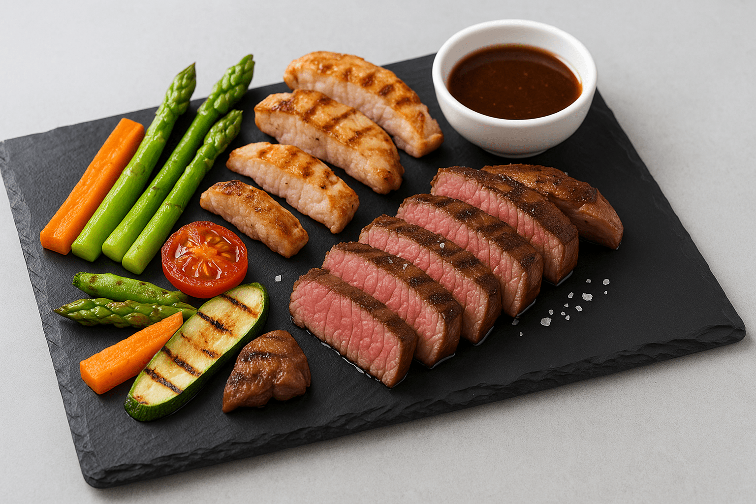 Bandeja de pizarra natural de 50 × 38 cm con presentación gourmet de solomillo, carnes variadas, verduras y un bol de salsa