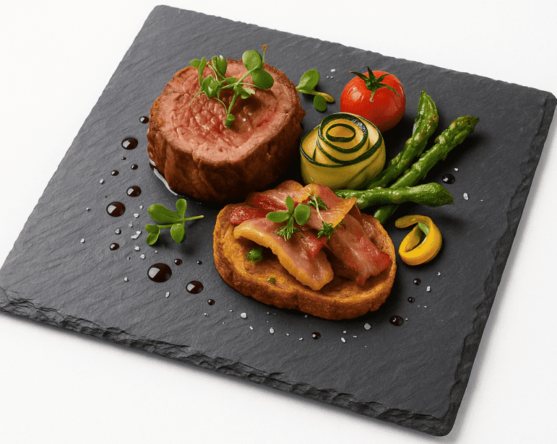 Plato cuadrado de pizarra natural 30x30 cm con carne, verduras y presentación gourmet estilo chef