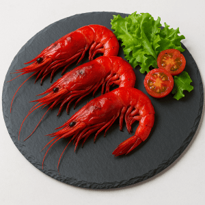 Gambas rojas de Palamós a la plancha servidas en plato de pizarra natural de 30 cm con ensalada y rodajas de tomate