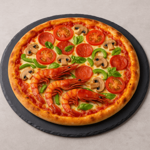 Pizza gourmet servida en plato redondo de pizarra natural de 33 cm, perfecta para una presentación elegante y sostenible