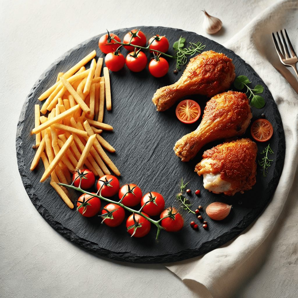 Plato de pizarra natural redondo con muslos de pollo asados patatas fritas y tomateros chrerry, destacando el negro natural de la pizarra.