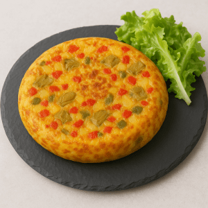 Tortilla de patata con pimientos y alcachofas acompañada de ensalada sobre plato de pizarra natural de 28 cm