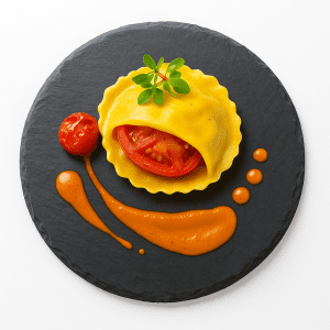 Plato redondo de pizarra natural de 20 cm con un entrante gourmet colorido y presentación elegante estilo chef.