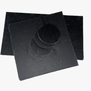 Pack elegante de platos de pizarra natural: 2 bandejas rectangulares de 35 × 20 cm, 6 platos cuadrados de 20 × 20 cm y 6 posavasos redondos de 10 cm