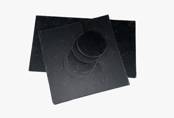 Pack elegante de platos de pizarra natural: 2 bandejas rectangulares de 35 × 20 cm, 6 platos cuadrados de 20 × 20 cm y 6 posavasos redondos de 10 cm