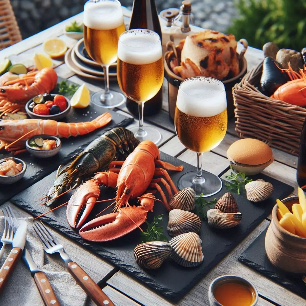 platos de bandeja natural con mariscos en barbacoa de amigos y familiares