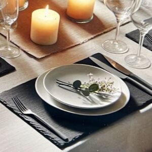 Bajo plato rectangular de pizarra natural de 40 × 30 cm, ideal para presentaciones elegantes y sostenibles