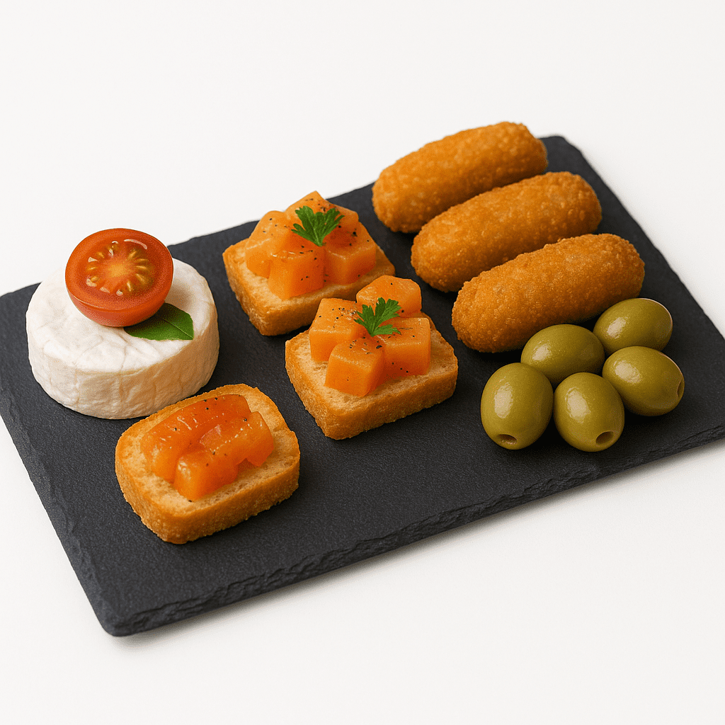 Bandeja de pizarra natural con aperitivos gourmet variados sobre fondo blanco