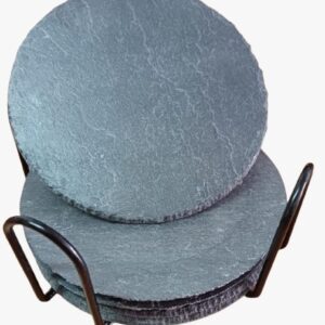Pack de 6 posavasos redondos de pizarra natural de 10 cm con soporte metálico, ideal para proteger la mesa con estilo