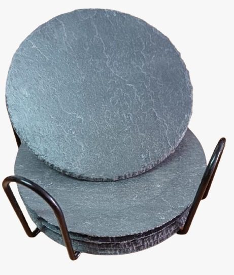 Pack de 6 posavasos redondos de pizarra natural de 10 cm con soporte metálico, ideal para proteger la mesa con estilo