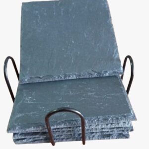 Pack de 6 posavasos cuadrados de pizarra natural de 10 × 10 cm con soporte metálico, ideal para proteger la mesa con estilo