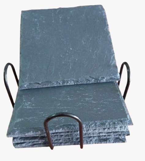 Pack de 6 posavasos cuadrados de pizarra natural de 10 × 10 cm con soporte metálico, ideal para proteger la mesa con estilo
