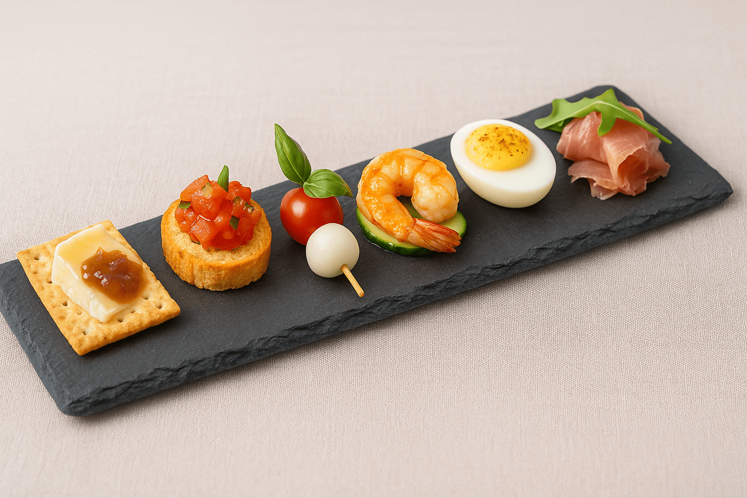Plato de pizarra natural de 30 × 10 cm con seis aperitivos gourmet variados y coloridos