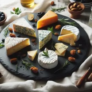 Tabla de quesos variados servida en plato redondo de pizarra natural de 36 cm, ideal para presentaciones sostenibles y elegantes
