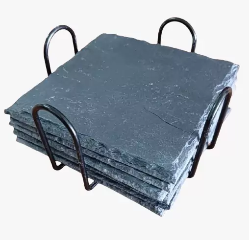 pack de posavasos de pizarra natural con soporte de hierro negro