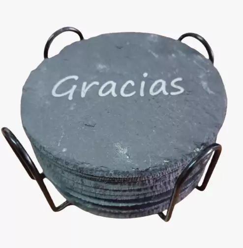 pack de posavasos de pizarra natural con soporte de hierro negro
