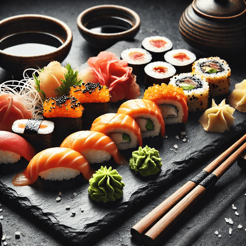 bandeja de pizarra natural rectangular con sushi y surimi