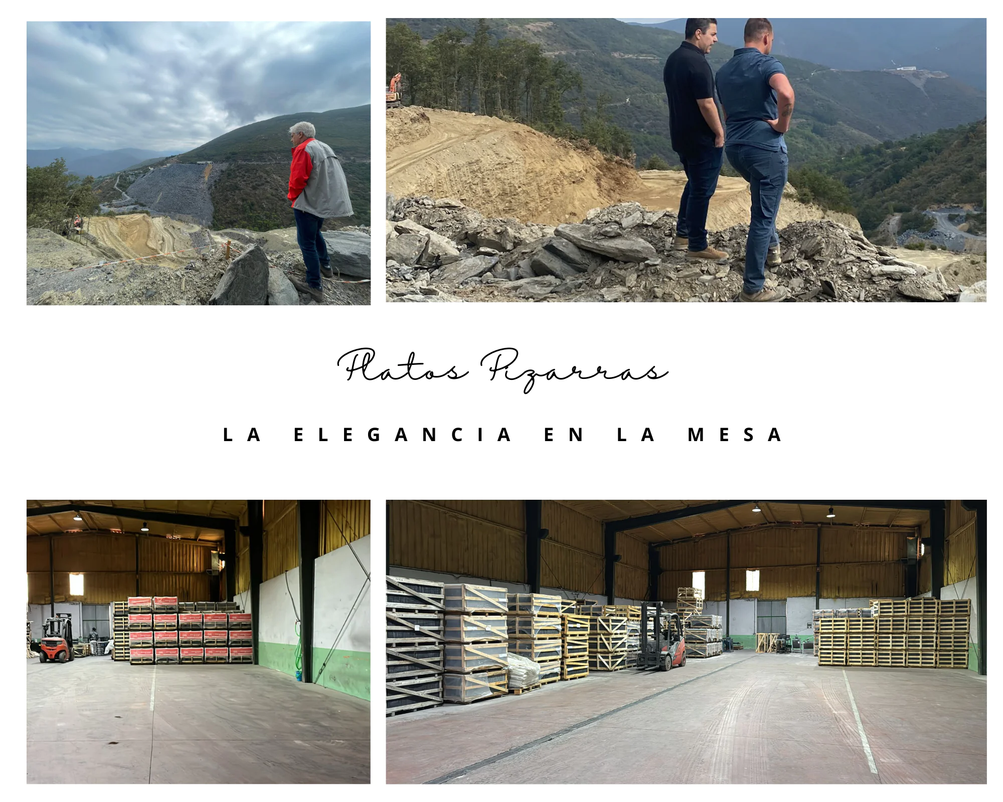 Collage de imágenes del equipo y la fabricación de platos de pizarra natural en Platos Pizarras