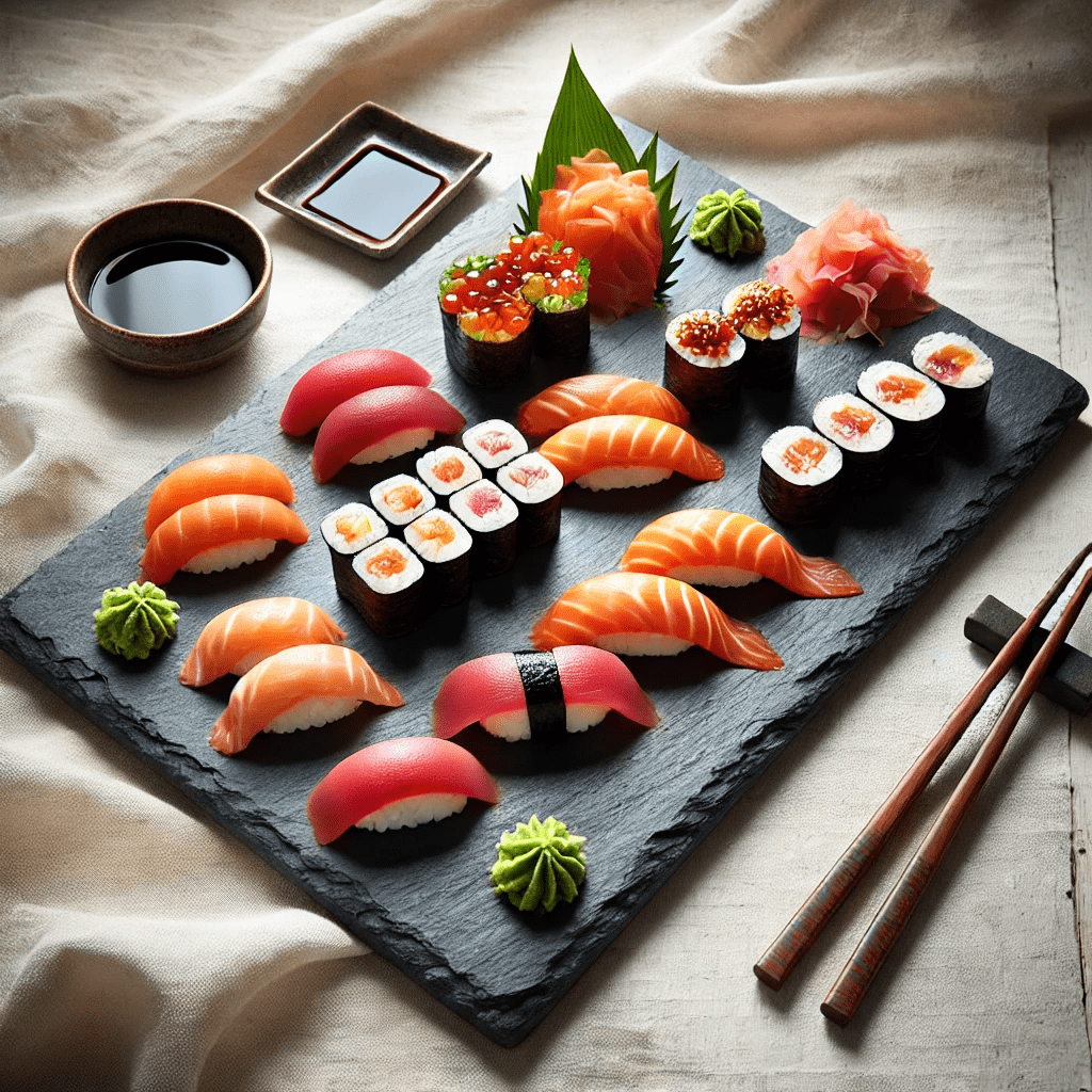 bandeja de pizarra natural rectangular con sushi y salsa de soja