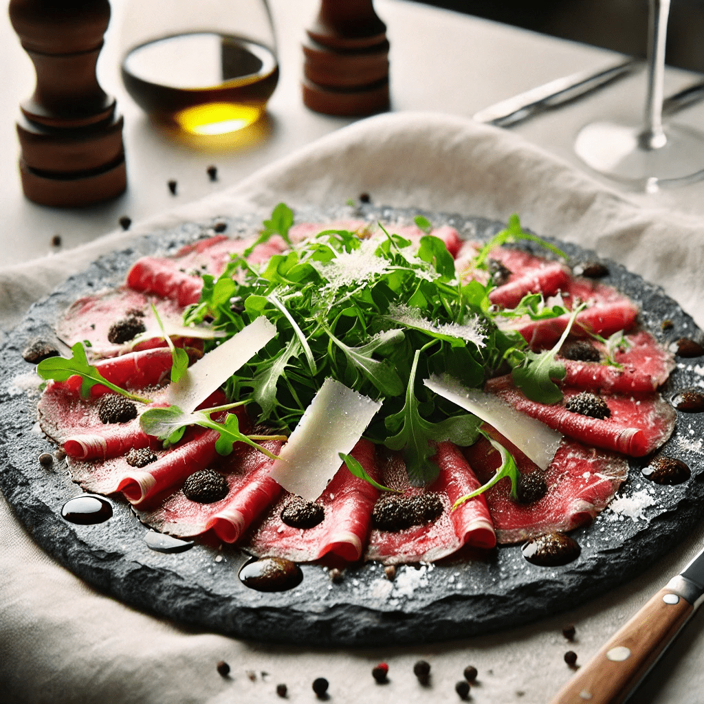 plato redondo de pizarra natural sobre mantel blanco de lino con jamón serrano ensalada y queso rayado