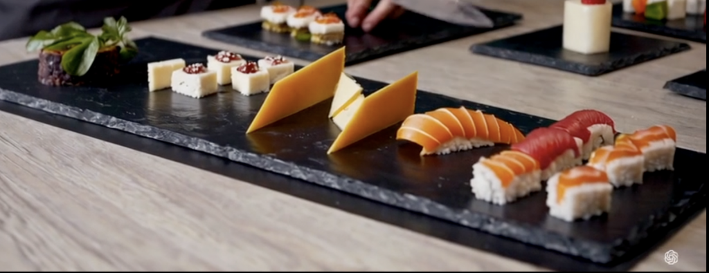 Bandeja de pizarra natural de 50x30 con quesos y sushi Presentación gourmet