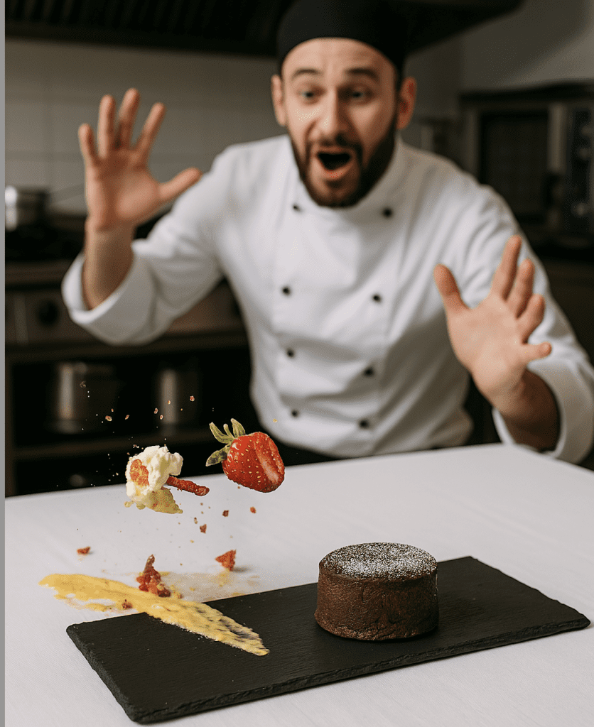 Chef presentando en pizarra natural rectangular, story telling