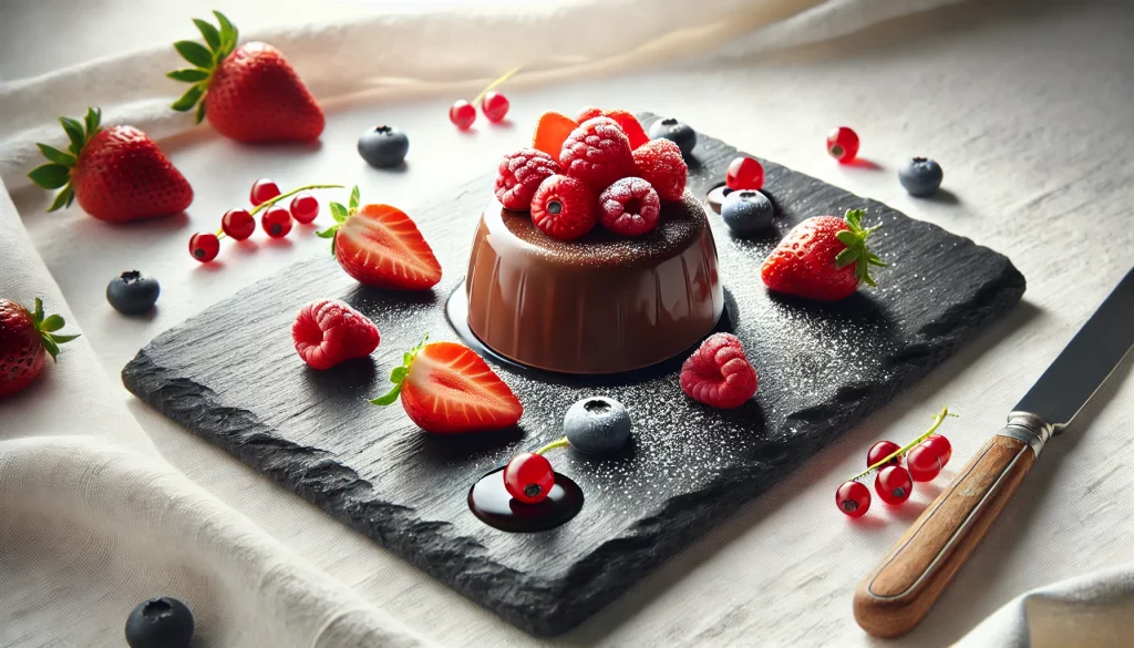 Plato de pizarra natural cuadrado sobre mantel blanco presentando un postre de flan de chocolate y frutos rojos