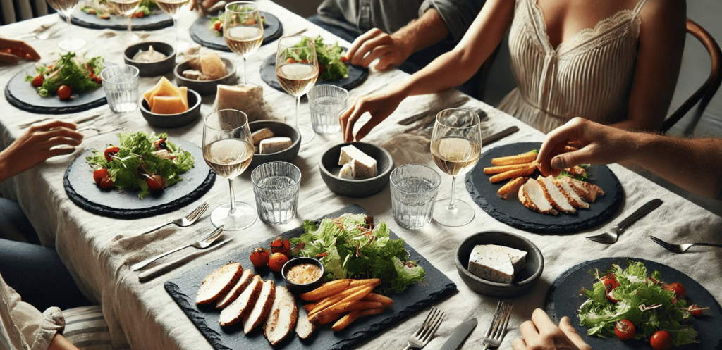 mesa con mantel blanco con platos redondos de pizarra natural y bandejas de pizarra natural rectangular
