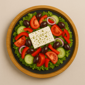 Bandeja de pizarra con base de madera de bambú de 28 cm con ensalada de tomate, hojas verdes y queso fresco