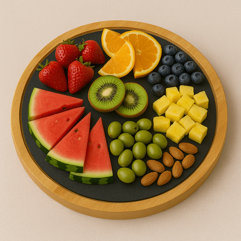 Plato redondo de pizarra natural con base de bambú, ideal para servir frutas como sandía, naranja o kiwi