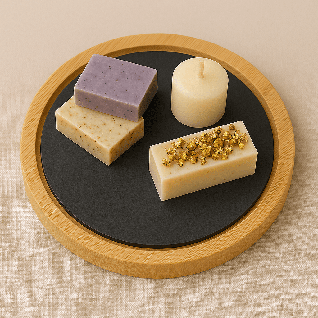 Plato de Pizarra Natural redondo sobre base de madera de bambú, con productos decorativos