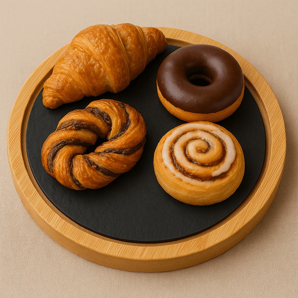 plato redondo de pizarra natural con base de madera de bambu y dulces de desayuno