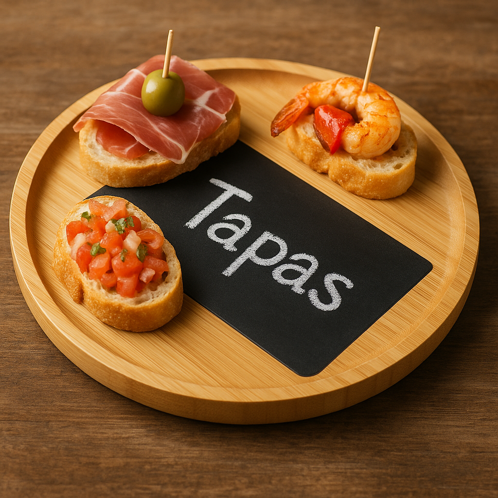 Bandeja de madera de bambú redonda de 24 cm con superficie de pizarra natural para presentaciones gourmet